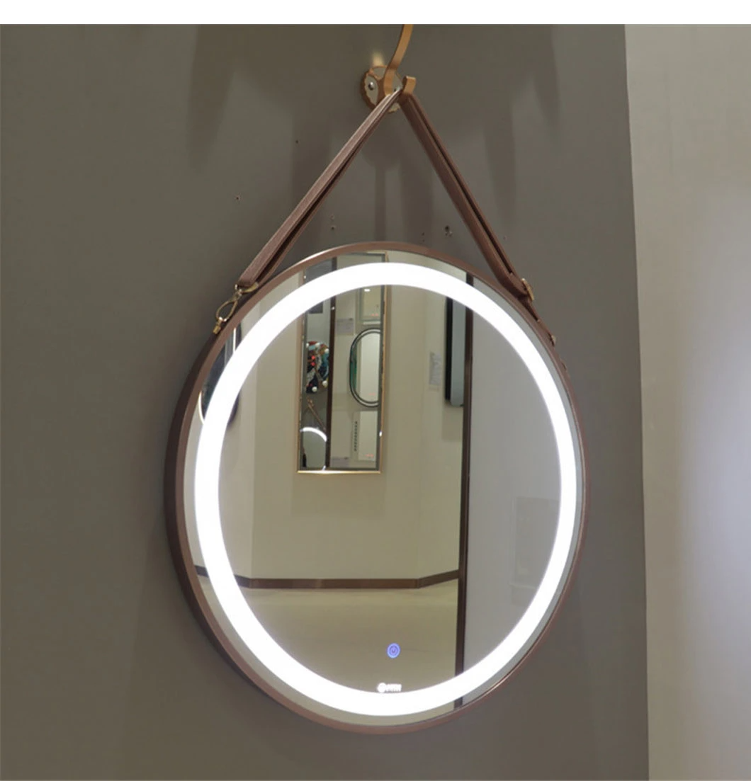 Specchio rotondo da bagno LED da parete con cintura in pelle Specchio intelligente Specchio da parete Decorazione per la casa Specchio per il trucco Bluetooth Accessori per il bagno Mobili per saloni