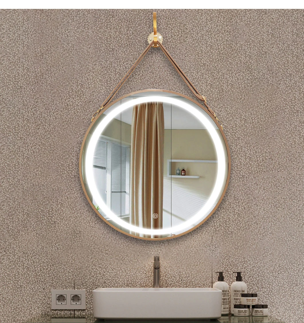 Specchio rotondo da bagno LED da parete con cintura in pelle Specchio intelligente Specchio da parete Decorazione per la casa Specchio per il trucco Bluetooth Accessori per il bagno Mobili per saloni