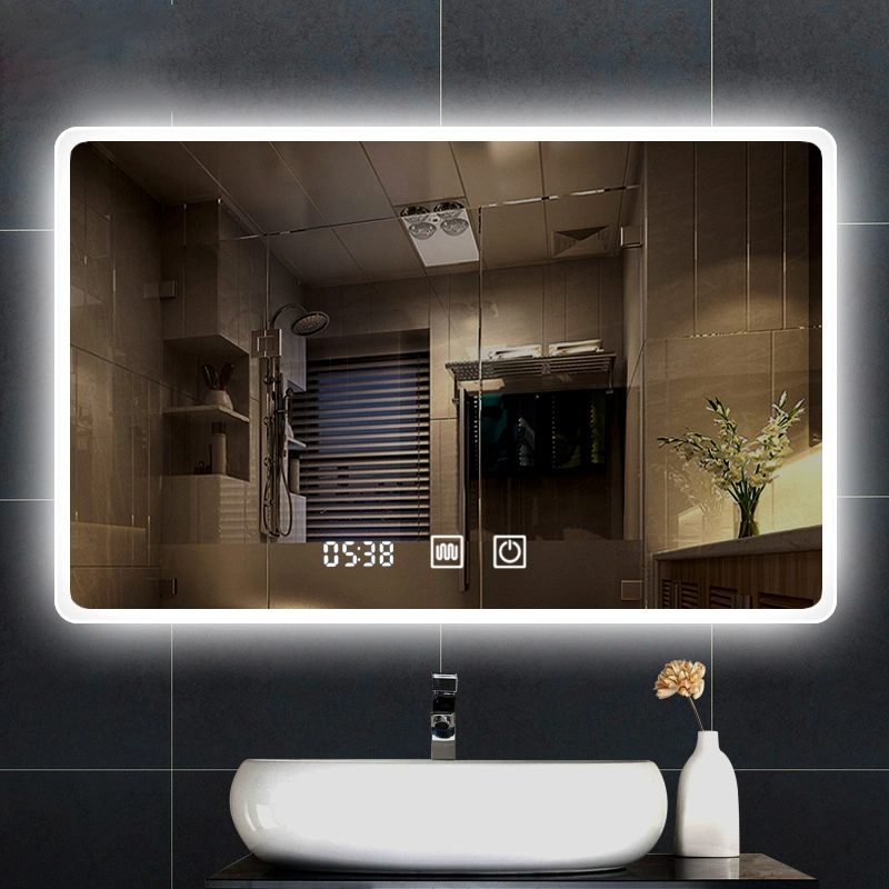 Specchio LED da bagno rotondo rettangolare illuminato senza cornice montato in fabbrica