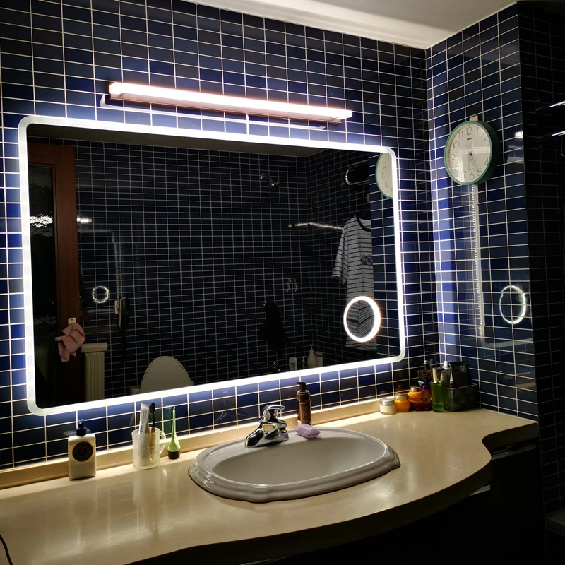 Specchio LED da bagno rotondo rettangolare illuminato senza cornice montato in fabbrica