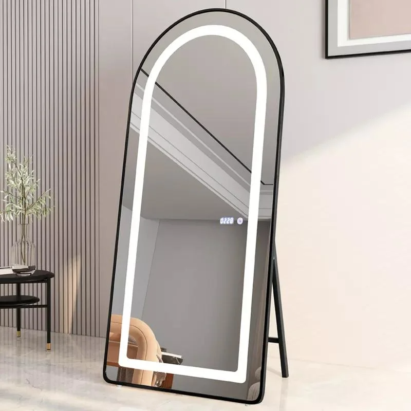 Specchio da pavimento ad arco con cornice in lega di alluminio Decorazione per soggiorno e camera da letto Specchio a figura intera Specchio da parete per toeletta a LED