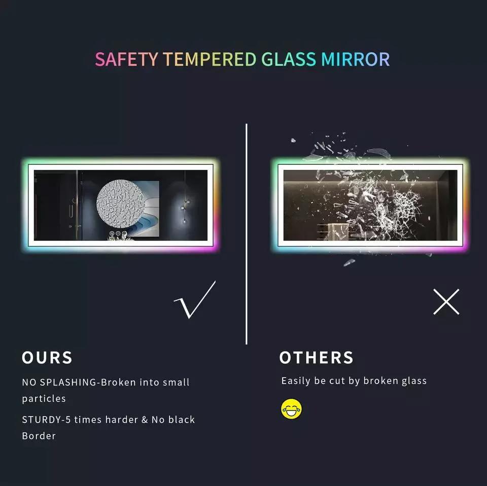 Specchio da parete in vetro personalizzato con touch screen, dimmer per luci da bagno, specchio da bagno a LED intelligente