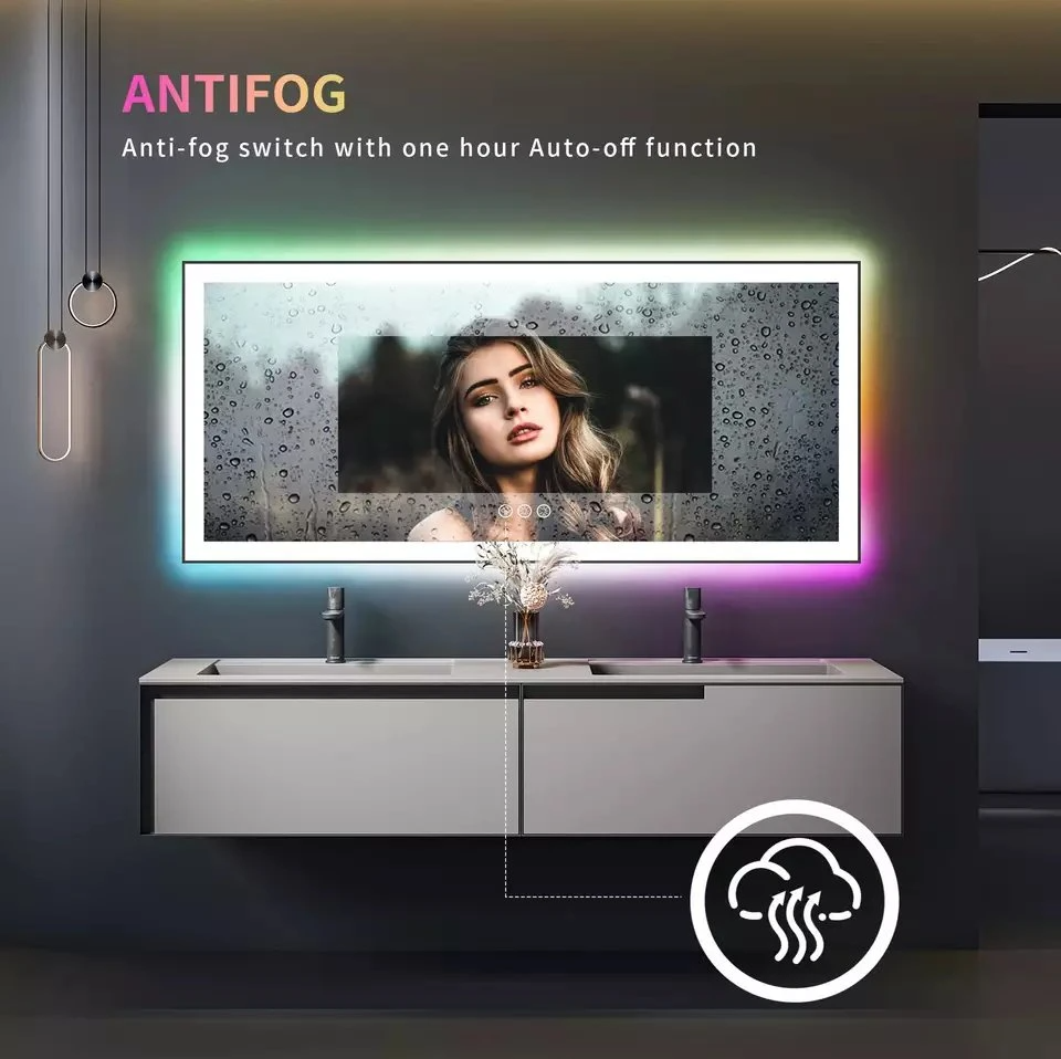 Specchio da parete in vetro personalizzato con touch screen, dimmer per luci da bagno, specchio da bagno a LED intelligente