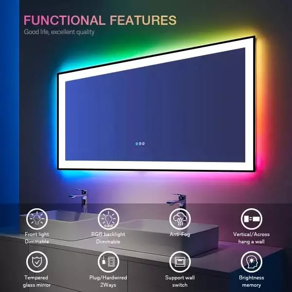 Specchio da parete in vetro personalizzato con touch screen, dimmer per luci da bagno, specchio da bagno a LED intelligente