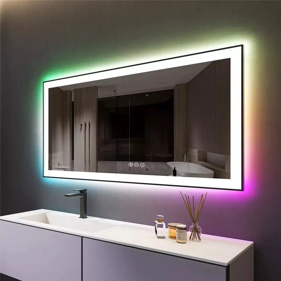 Specchio da parete in vetro personalizzato con touch screen, dimmer per luci da bagno, specchio da bagno a LED intelligente