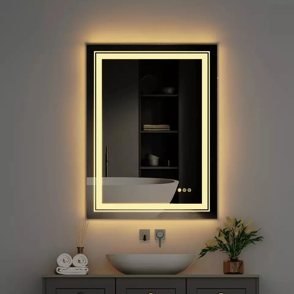 Specchio per il trucco da bagno illuminato a LED intelligente senza cornice Specchio da bagno a parete con doppia luce